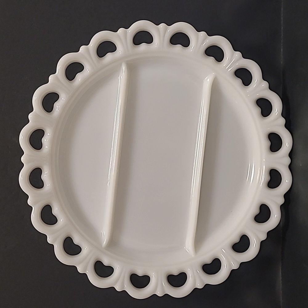 Vintage 13 inch Lace Edge Milk Glass Divided Tray